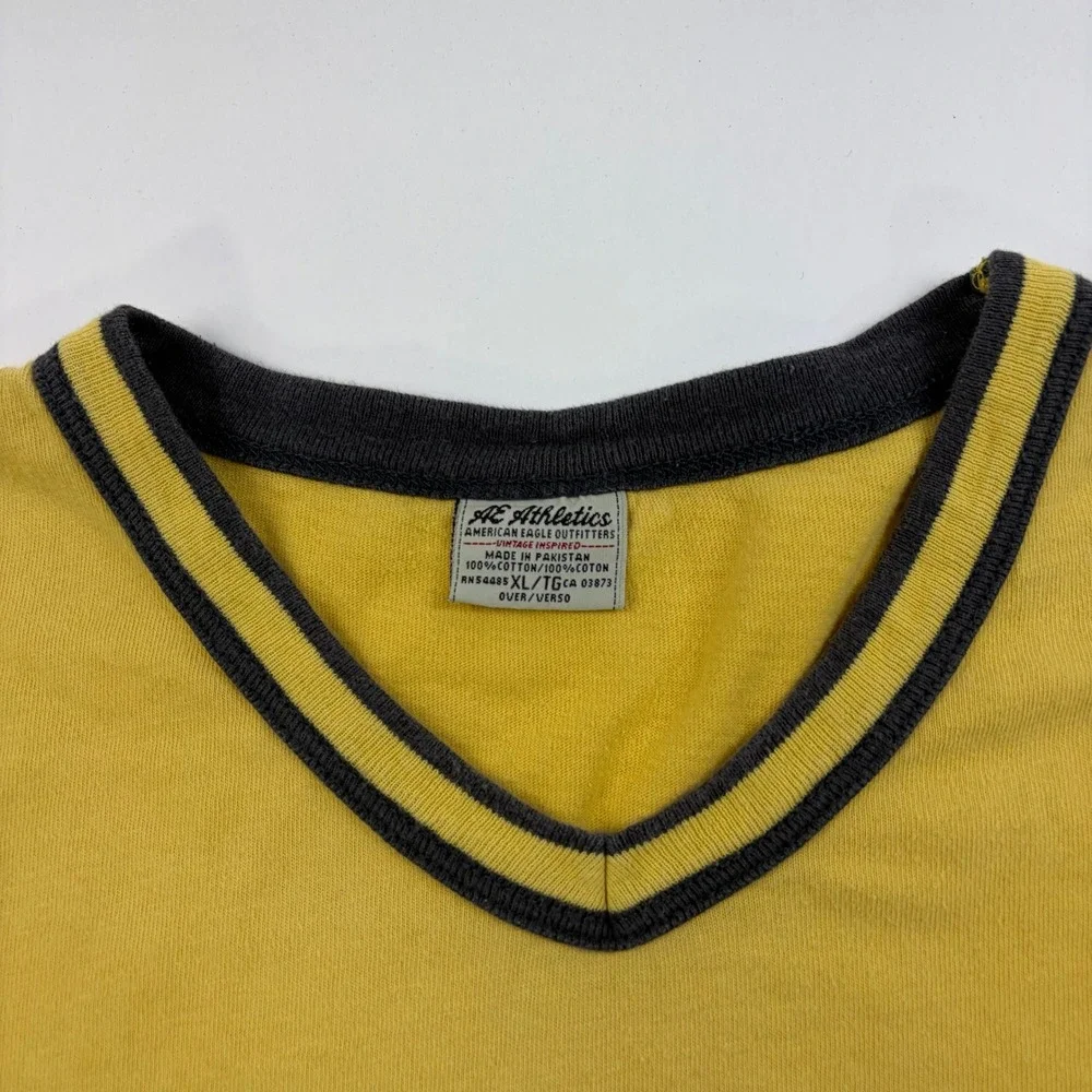 American Eagle Track & Field V-Neck Ringer T-Shirt Mens XL Yellow Vintage Style